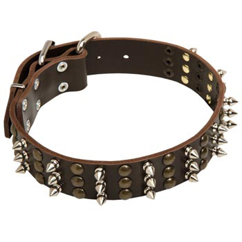 Collie Handmade Leather Collar 3  Studs and Spikes Rows