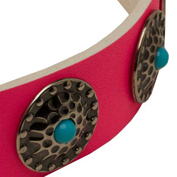Pink Collie Collar Leather with Blue Stones
