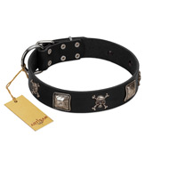 "Sea Rover" Embellished FDT Artisan Black Leather Collie Collar with Chrome Plated Crossbones and Plates