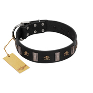 "Pirates' Symbol" Fashionable FDT Artisan Black Leather Collie Collar with Silver-Like Plates and Gold-Like Skulls