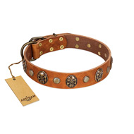 "Call of Feat" FDT Artisan Tan Leather Collie Collar with Old Bronze-like Studs and Oval Brooches