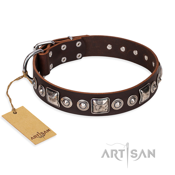 Full grain natural leather dog collar made of gentle to touch material with corrosion proof D-ring