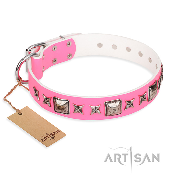 Leather dog collar made of flexible material with durable fittings