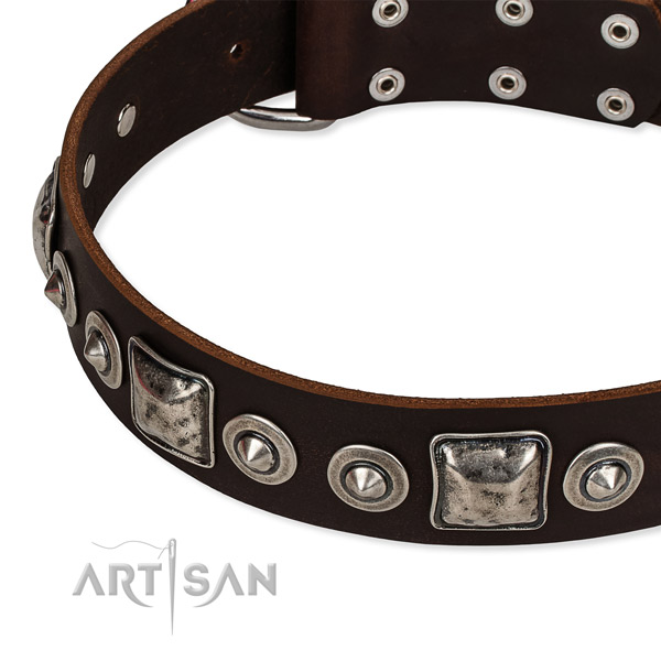 Genuine leather dog collar made of flexible material with embellishments