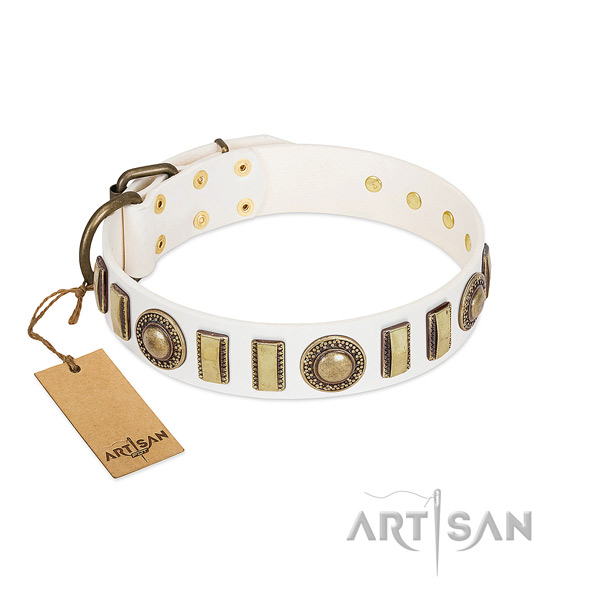 Adjustable leather dog collar with rust-proof buckle