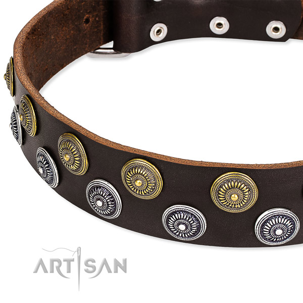 Easy wearing embellished dog collar of top notch genuine leather