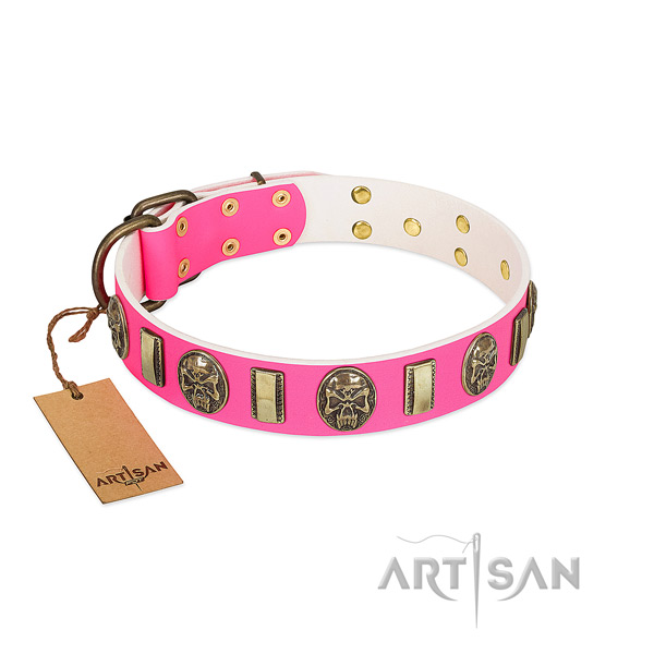Strong traditional buckle on natural genuine leather dog collar for your dog