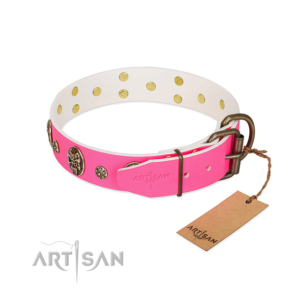 Reliable buckle on full grain genuine leather collar for daily walking your doggie