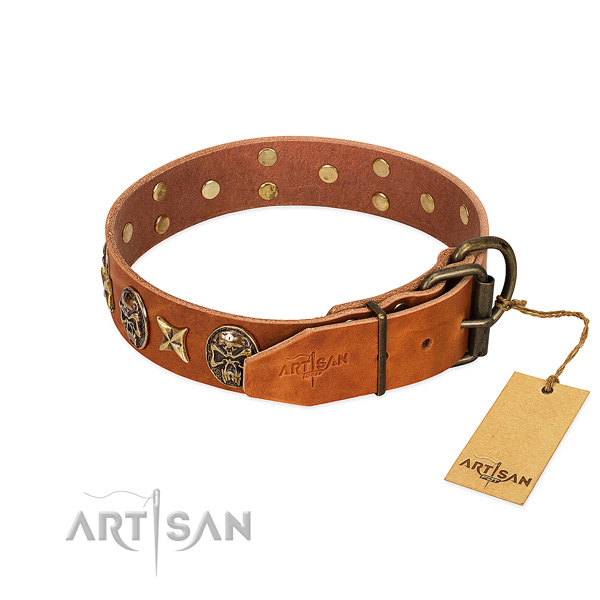 Genuine leather dog collar with rust resistant hardware and adornments