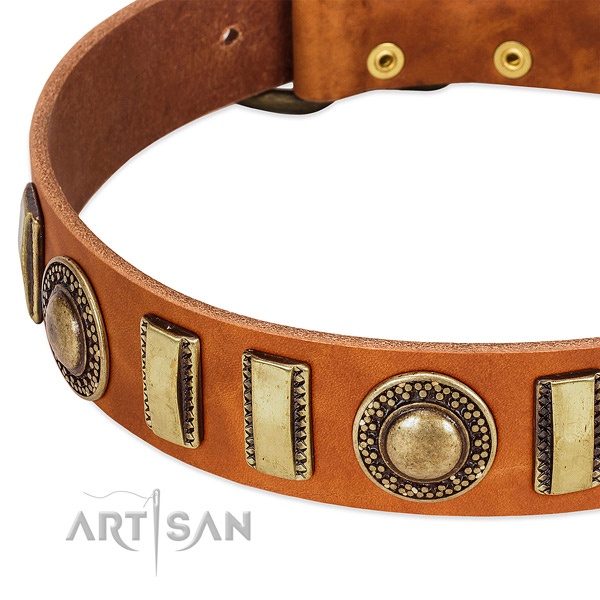 Soft to touch full grain natural leather dog collar with rust resistant hardware