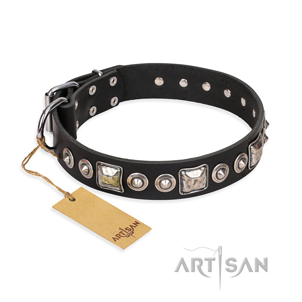 Full grain natural leather dog collar made of flexible material with corrosion resistant traditional buckle