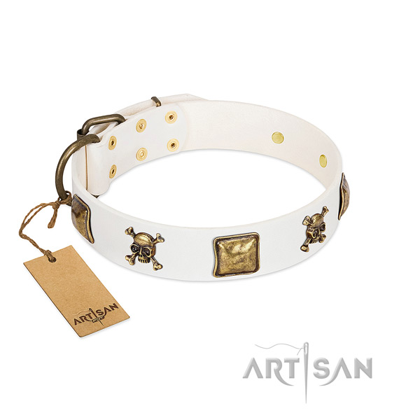 Comfortable wearing gentle to touch full grain leather dog collar with adornments