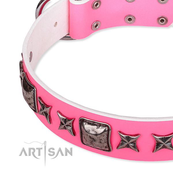 Comfy wearing embellished dog collar of high quality full grain genuine leather