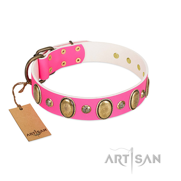 Comfy wearing soft to touch full grain genuine leather dog collar with adornments