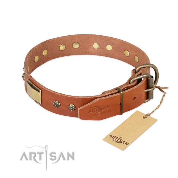 Genuine leather dog collar with corrosion proof hardware and decorations