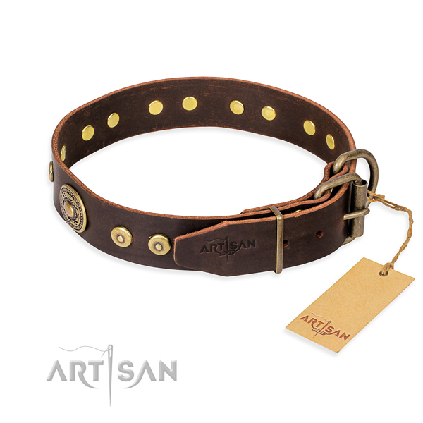 Leather dog collar made of gentle to touch material with corrosion resistant embellishments