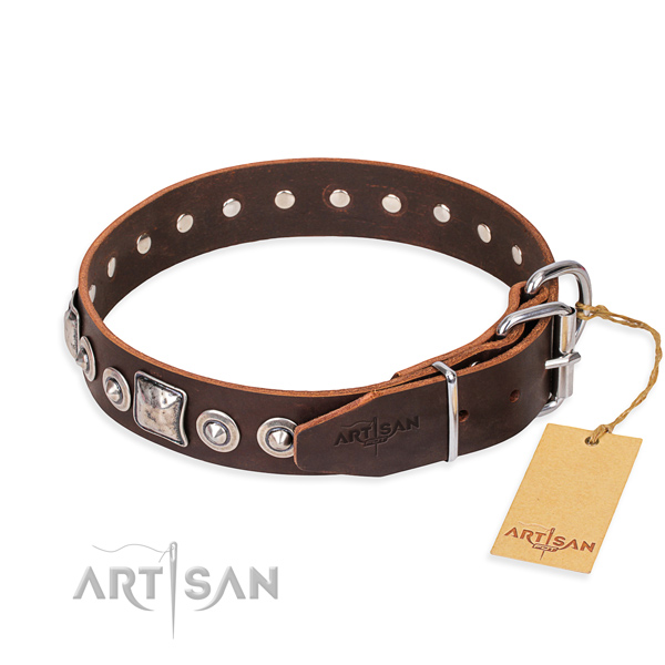 Full grain leather dog collar made of top rate material with corrosion resistant decorations