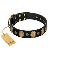 "Gilded Stones" FDT Artisan Black Leather Collie Collar with Old Bronze-like Ovals and Studs - 1 1/2 inch (40 mm) wide