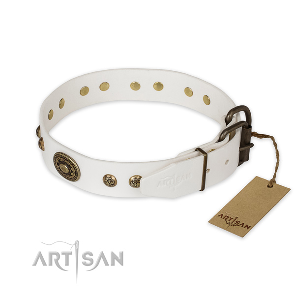 Strong D-ring on full grain genuine leather collar for stylish walking your doggie