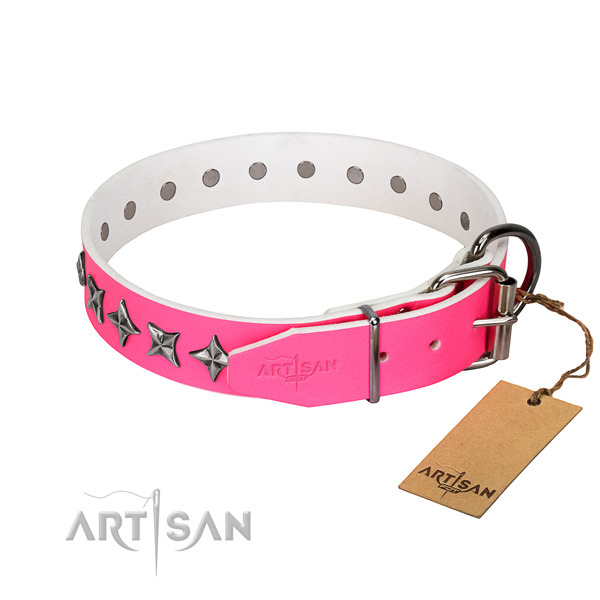 Strong natural leather dog collar with designer decorations