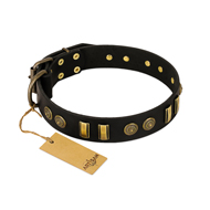 "Simple Elegance" FDT Artisan Black Leather Collie Collar with Old Bronze-like Plates and Circles