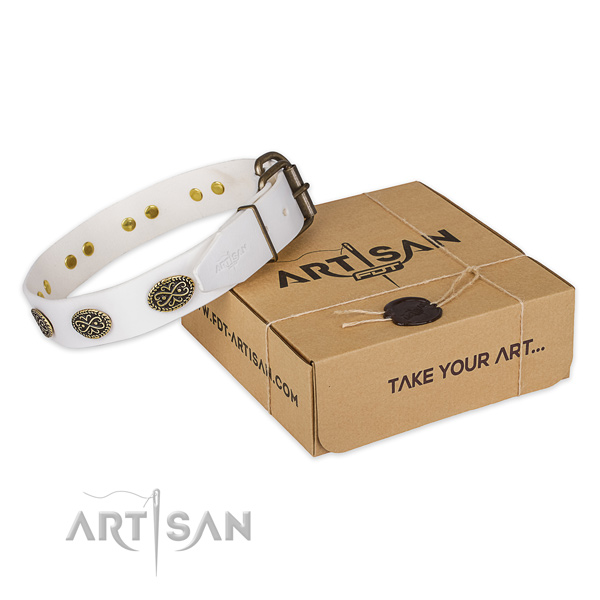 Reliable D-ring on full grain leather collar for your stylish four-legged friend