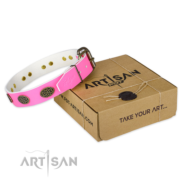 Corrosion proof adornments on dog collar for comfy wearing