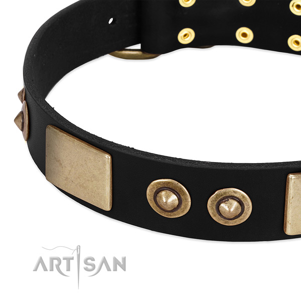 Durable D-ring on full grain leather dog collar for your canine