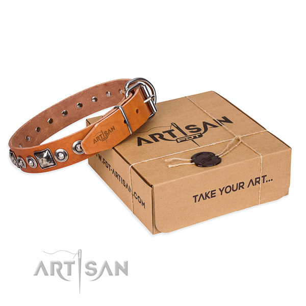 Full grain natural leather dog collar made of soft material with durable fittings