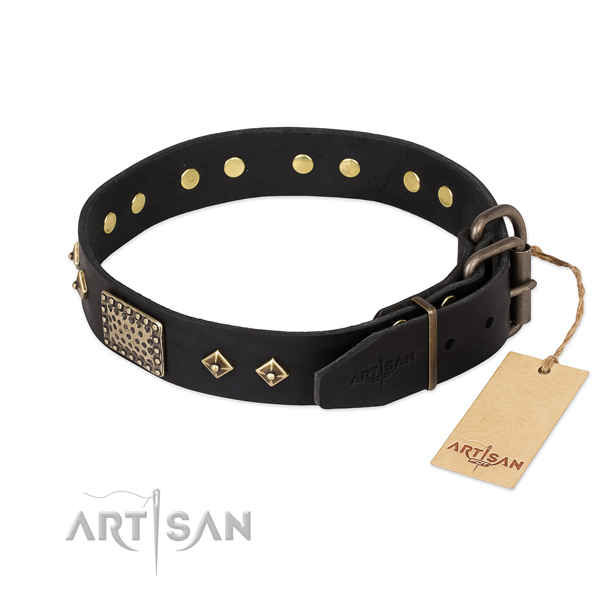 Full grain genuine leather dog collar with rust-proof traditional buckle and studs