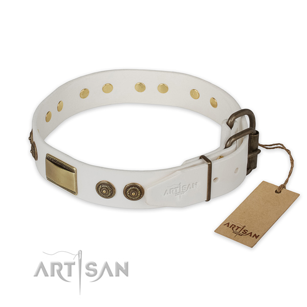 Durable D-ring on natural genuine leather collar for basic training your doggie