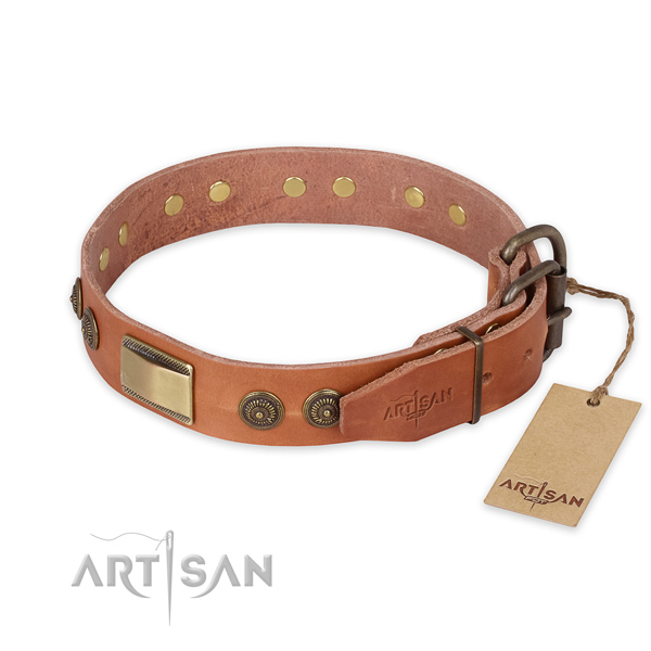 Corrosion resistant D-ring on full grain genuine leather collar for stylish walking your dog