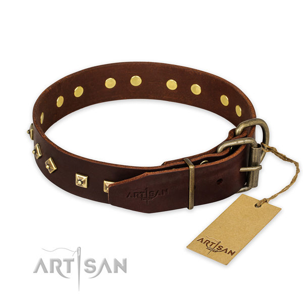 Reliable hardware on full grain leather collar for walking your canine