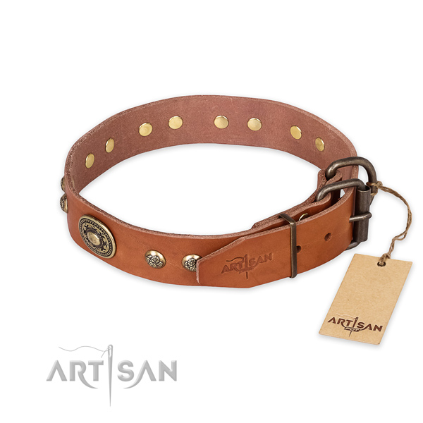 Corrosion proof D-ring on genuine leather collar for fancy walking your pet