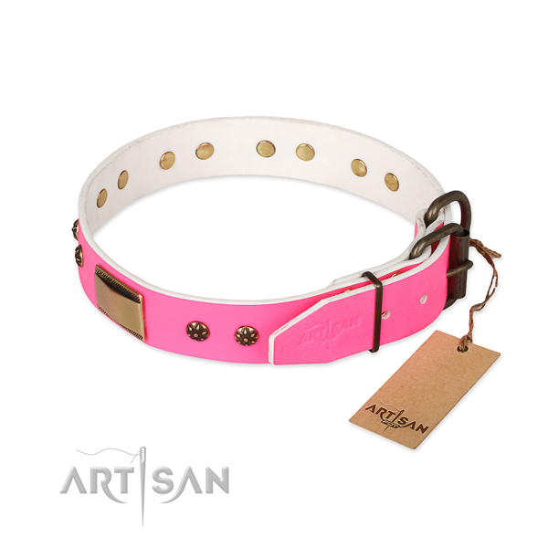 Genuine leather dog collar with corrosion proof buckle and embellishments