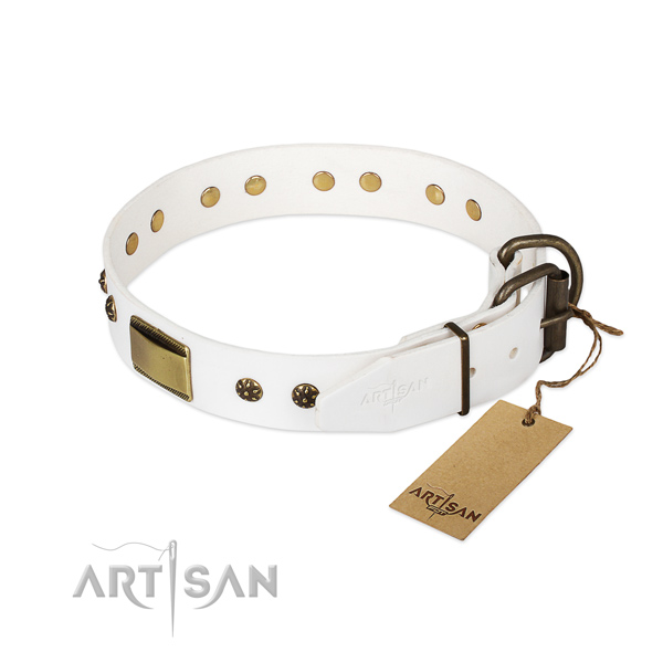 Natural genuine leather dog collar with corrosion proof D-ring and studs