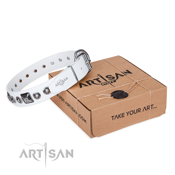 Full grain genuine leather dog collar made of soft to touch material with corrosion resistant fittings