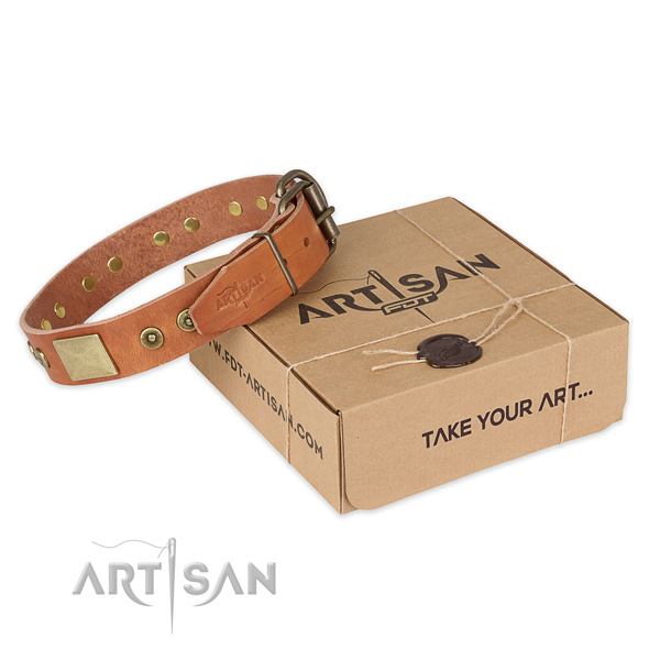 Corrosion proof hardware on full grain leather dog collar for comfy wearing