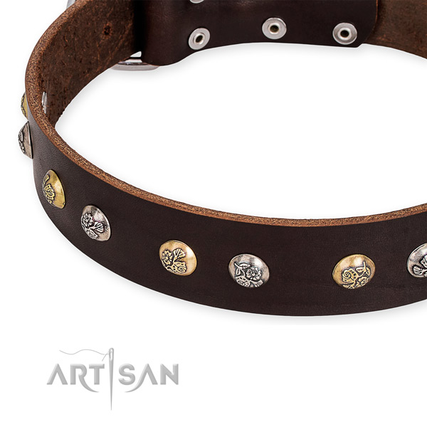 Natural genuine leather dog collar with fashionable durable decorations