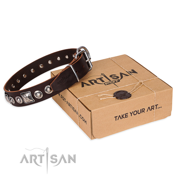 Natural genuine leather dog collar made of flexible material with reliable fittings