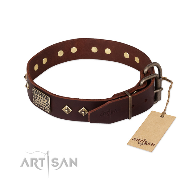 Full grain genuine leather dog collar with durable D-ring and decorations