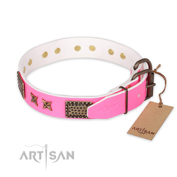 Corrosion proof fittings on natural genuine leather collar for your impressive doggie