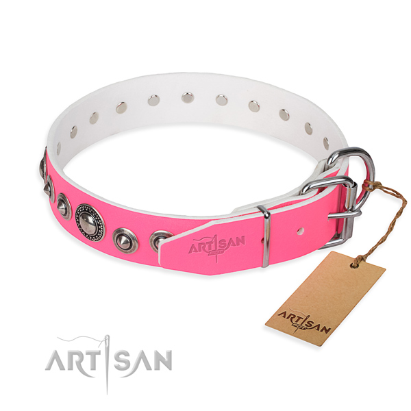 Leather dog collar made of soft material with rust-proof embellishments