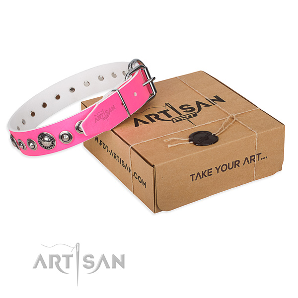 Natural genuine leather dog collar made of reliable material with corrosion resistant fittings