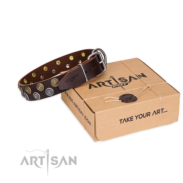 Easy wearing dog collar of best quality full grain genuine leather with adornments