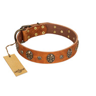 "Rockstar" FDT Artisan Tan Leather Collie Collar with Engraved Studs and Medallions