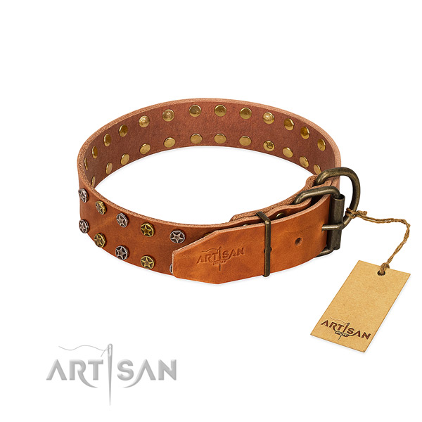 Daily walking natural leather dog collar with unusual decorations