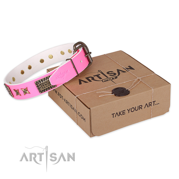 Strong hardware on full grain natural leather collar for your beautiful doggie