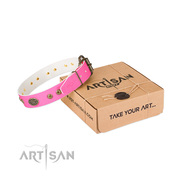 Corrosion proof embellishments on genuine leather dog collar for your doggie
