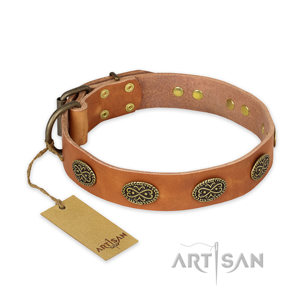 Adjustable natural genuine leather dog collar with rust-proof D-ring